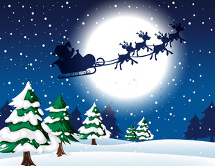 Christmas poster template with silhouette Santa on sleigh