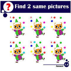 Children educational game. Find two same pictures of cute tiger clown