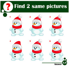Children educational game. Find two same pictures of cute snowman
