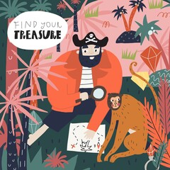 Funny cartoon character pirate with treasure map and monkey. Pirate island, plant, lettering. Vector postcard print, book page design