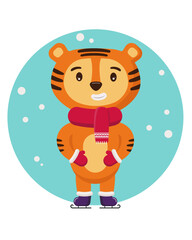 New year cartoon tiger in skates, new year 2022.