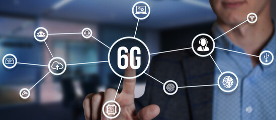 Internet, business, Technology and network concept. The concept of 6G network, high-speed mobile Internet, new generation networks. Virtual button.