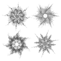 Set of four black snowflakes on a white background. Abstract computer generated fractal image of a snowflake. Illustration, isolate. Use as a stamp or brush