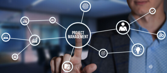 Internet, business, Technology and network concept. Project management concept. Virtual button.