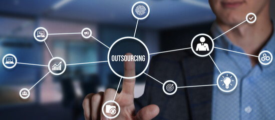 Internet, business, Technology and network concept. Outsourcing Human Resources. Virtual button.