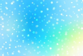 Fototapeta na wymiar Light Blue, Green vector background with xmas snowflakes, stars.