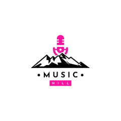 Vintage retro music hill microphone or podcast logo design vector