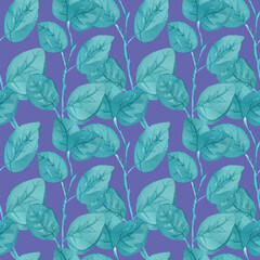 Watercolor seamless pattern with turquoise eucalyptus on trendy color 2022 Very Peri.Summer,botanical,herbal,textural hand drawn print.Designs for textiles,fabric,wrapping paper,packaging,social media