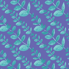 Watercolor seamless pattern with turquoise eucalyptus on trendy color 2022 Very Peri.Summer,botanical,herbal,textural hand drawn print.Designs for textiles,fabric,wrapping paper,packaging,social media