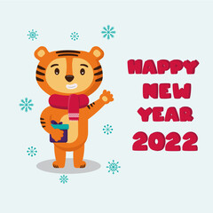 A cute vector tiger congratulating with Happy New Year on the snowflake background. The symbol of 2022.