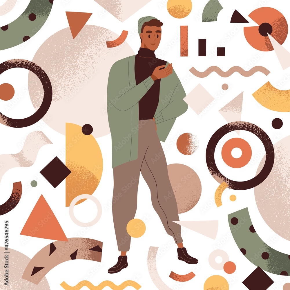 Aufkleber Person work with abstract data, business charts, analyzing information, creating system from chaos. Creative man and geometric shapes around. Analysis concept. Colored flat vector illustration