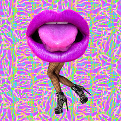 Contemporary digital collage art. Sensual sexy lips and legs mixed. Fashion, adult shop, clubbing,...
