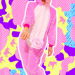 Contemporary digital collage zine art. Unicorn Lady fashion style. Pajamas party. Girl in trendy colorful space. Candy, party shop concept