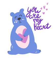 Cute bear holds a heart. Hand draw Inscription You Are My Heart. Valentine day, romantic, Birthday holiday symbol. Cartoon vector illustration for greeting card, print, stickers, posters design.
