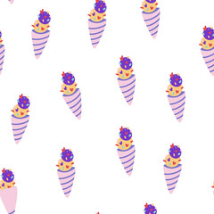 Obraz premium Ice cream seamless pattern. Modern background with Ice cream cone. Perfect for textile, wrapping paper, scrapbook, cafes, restaurant, menus and parties. Cartoon vector illustration