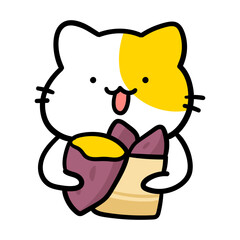 焼き芋を食べるかわいいねこのキャラクターの手書き風イラスト