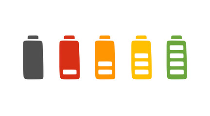 Battery charge in simple style, colorful vector illustration. Hand drawn silhouette, energy level low and full. Isolated icon on white background. Indicator recharge mobile phone battery