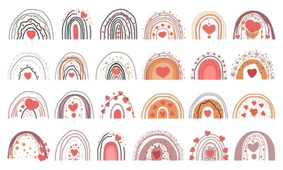 Set of minimalistic boho rainbows with hearts. Abstract minimalism. Wall decor.  Design elements for book cover, page template, print, card, brochure, magazine, poster. Vector
