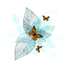 Abstraction from blue leaves and butterflies. Vector illustration