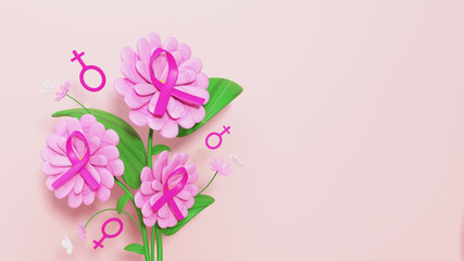 Fototapeta na wymiar 3D Render Of Pink Cross Ribbons Over Flowers, Leaves, Female Gender Sign And Copy Space.