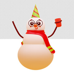 3D Rendering Of Cute Snowman Enjoying Drink On White Png Background.