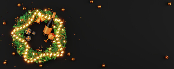 3D Render Top View Of Illuminated Lighting Garland In Form Shape Of Star Over Christmas Wreath With Champagne Bottle, Drink Glass And Copy Space. Banner Or Header Design.