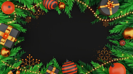 Top View Of 3D Christmas Festival Elements Decorated On Black Background With Copy Space.