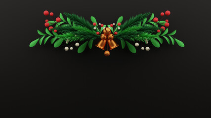 Realistic Botanical Berry Branches With Fir Or Pine Leaves, Golden Jingle, Round Bells On Black Background And Copy Space.