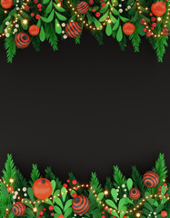 Realistic Christmas Festival Elements Decorated Border On Black Background And Copy Space.