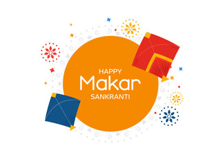 Happy Makar Sankranti Font With Kites, Floral Element Decorated On Orange And White Background. - obrazy, fototapety, plakaty