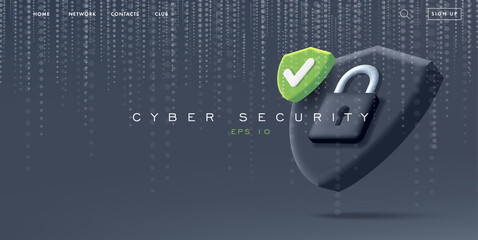 Website landing banner with cyber security 3d illustration of a shield with padlock and matrix texture