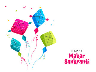 Happy Makar Sankranti Font With Colorful Kites, Confetti On White Background.