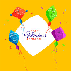 Happy Makar Sankranti Font With Colorful Kites, Confetti Decorated On White And Yellow Background.