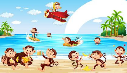 Beach scene with little monkeys doing different activities