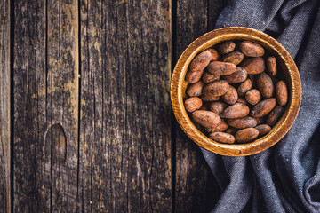 Dried cocoa beans. Cacao beans in bowl.