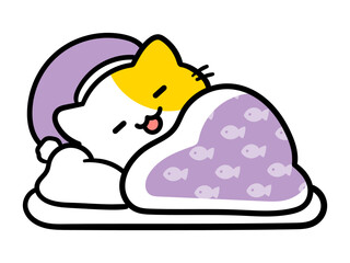 布団で眠るかわいいねこのキャラクターの手書き風イラスト