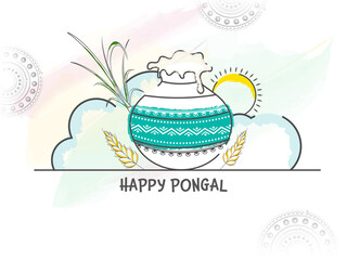 Doodle Style Mud Pot Full Of Traditional Dish With Sugarcane, Wheat Ears, Deity Surya And Brush Effect On White Mandala Background For Happy Pongal Concept.