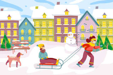 Family spends time during winter holidays in cityscape background. Mom pulls sled with her little daughter. Seasonal entertainment at city street scenery. Vector illustration in flat cartoon design
