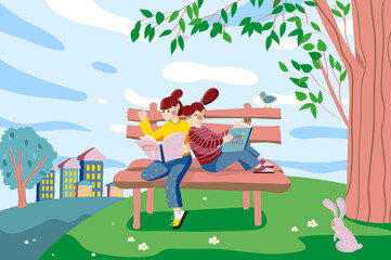 Little girls read books sitting on bench at nature background. Children reading or doing homework outdoors. City park or courtyard at city street scenery. Vector illustration in flat cartoon design