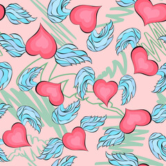 Saint Valentine's day irregular seamless pattern. Winged heart and smudges random repeat endless texture. Romantic Valentine day boundless background. Pastel surface design for copybook or gift paper.