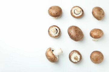 Flat lay composition with champignons on white background