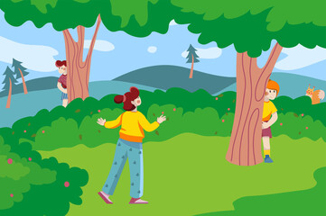 Obraz na płótnie Canvas Children play in hide and seek game in forest background. Boys peeking from trees and hide, girl catches them at green lawn. Nature scenery at city park. Vector illustration in flat cartoon design