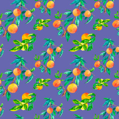 Obraz na płótnie Canvas Watercolor seamless pattern with orange peaches on trending color 2022 Very Peri.Summer, botanical, textural hand drawn print.Designs for textiles,fabric,wrapping paper,packaging,social media.