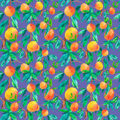 Fototapeta na wymiar Watercolor seamless pattern with orange peaches on trending color 2022 Very Peri.Summer, botanical, textural hand drawn print.Designs for textiles,fabric,wrapping paper,packaging,social media.