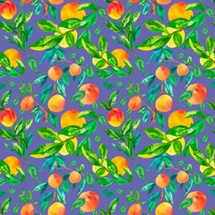 Watercolor seamless pattern with orange peaches on trending color 2022 Very Peri.Summer, botanical, textural hand drawn print.Designs for textiles,fabric,wrapping paper,packaging,social media.