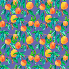 Watercolor seamless pattern with orange peaches on trending color 2022 Very Peri.Summer, botanical, textural hand drawn print.Designs for textiles,fabric,wrapping paper,packaging,social media.