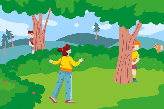 Children play in hide and seek game in forest background. Boys peeking from trees and hide, girl catches them at green lawn. Nature scenery at city park. Vector illustration in flat cartoon design