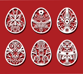 Easter eggs set. White abstract ornamental flower eggs for laser cutting on red background. Icons for greeting card