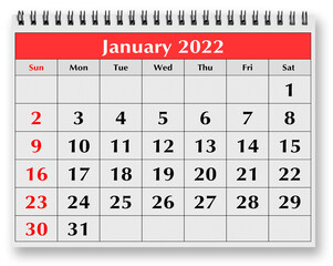 Page of the annual monthly calendar - January 2022