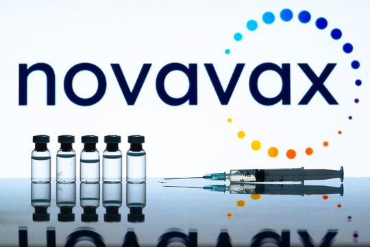 Novavax vaccine logo with some vials and a syringe on foreground